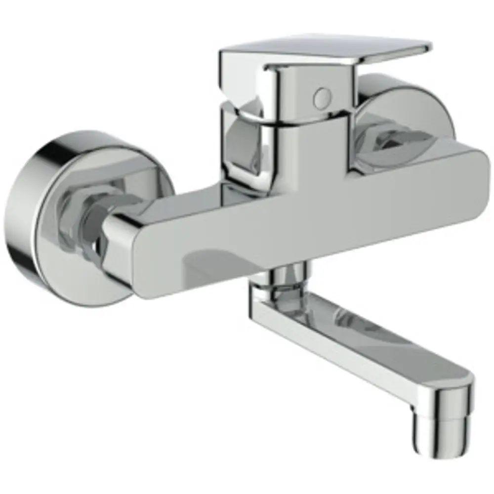 Wandmontierte Wasserarmatur aus Chrom von Ideal Standard mit einem schwenkbaren Auslauf und einem Hebel zur Temperatur- und Mengeneinstellung.